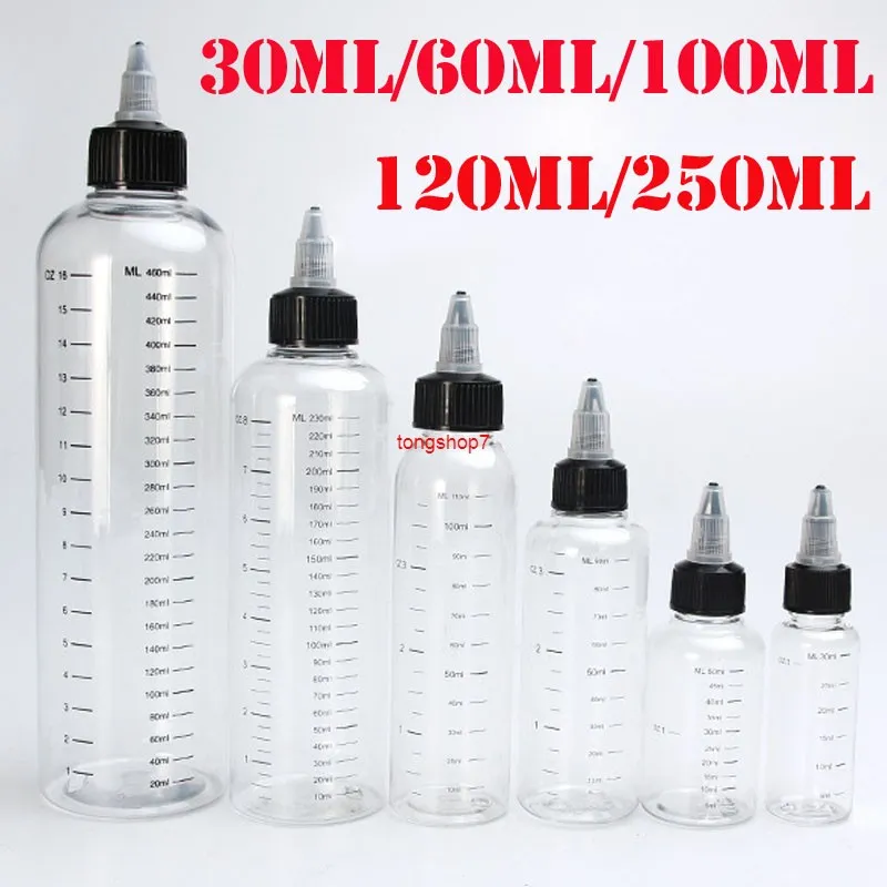 10ピース30ml / 60ml / 100ml / 120ml / 250mlプラスチックペットeジュース液容量ドロッパーボトルツイストトップキャップタトゥー顔料インク容量