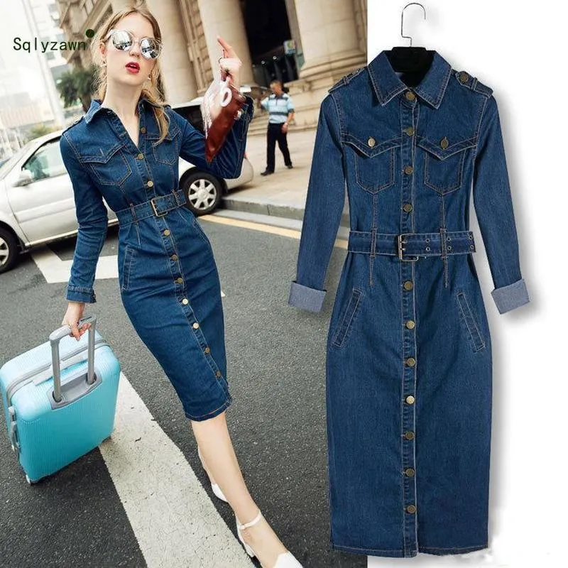 Denim Lapel Winter Office 4XL Mid-Cuff Cowboy With Belt Sarafan Women Jeans Dress Plus size 201127