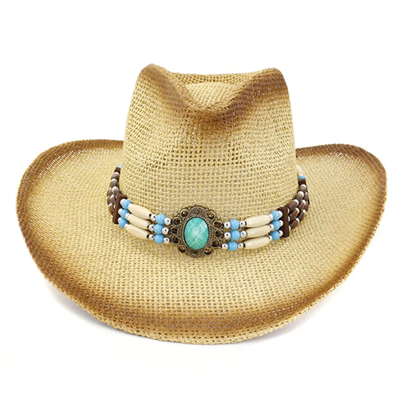 Brown Spray Paint Plain Paper Straw Cowboy Hats with Ethnic Hatband Decor Men Women Wide Brim Beach Sunhat Sunshade Hat