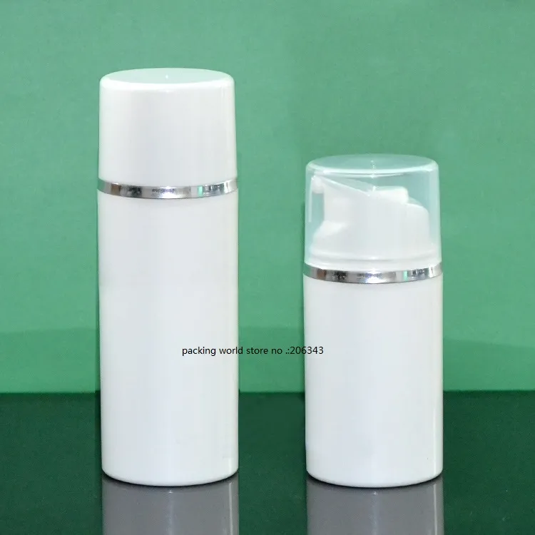 80 ml biała plastikowa butelka bezpowietrzna z pompą srebrna linia do balsamu / emulsji / surowicy / anty-UV krem ​​do kremu przeciwsłonecznego