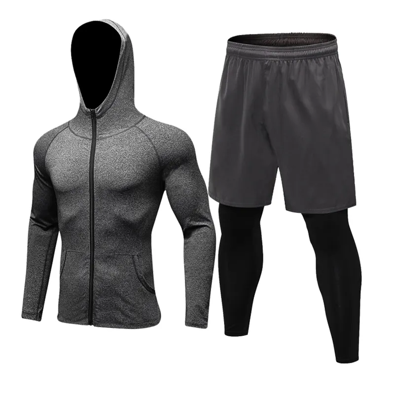 2pcs TRACKSUIT MENS SPORTS PUNKTION Fitness Gym Kläder Running Sport Slitage För Män Fake Tight Pants Compression Shirt Rashgard Kit 201116