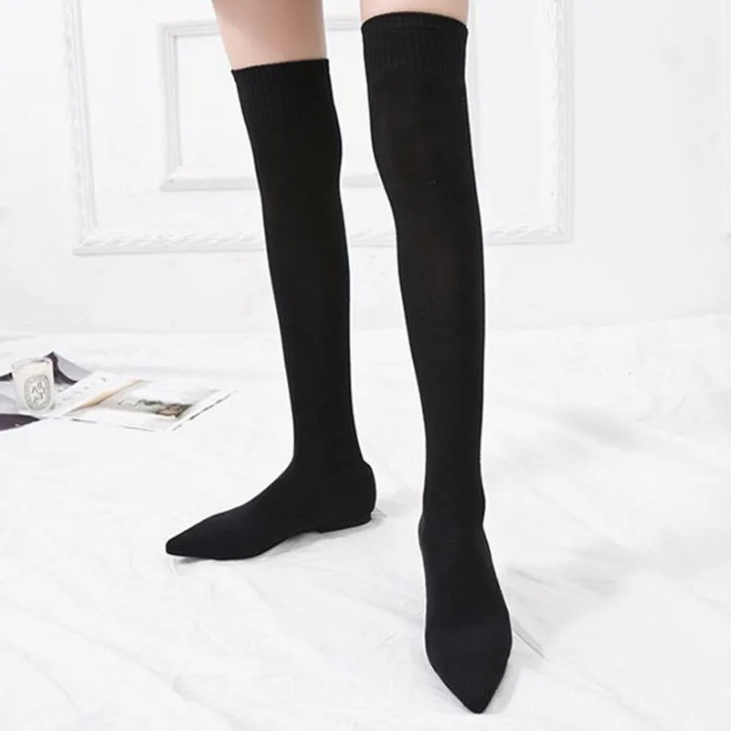 COVOYYAR Calzini Elasticizzati Stivali Donna Slim Elastico Lavorato A Maglia Stivali Lunghi Alla Coscia Stivali A Punta Piatti Neri Scarpe Da Donna WBS1017 Y200115 Da 21 15 DHgate