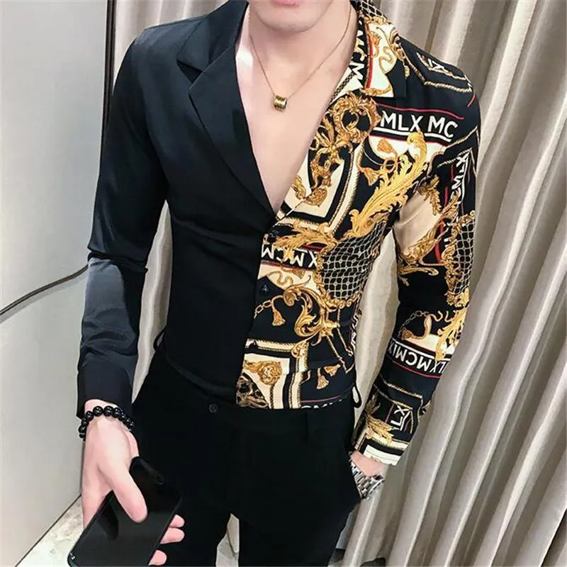 Luxury Black Gold Shirt 2020 Spring Baroque Men Shirt Long Sleeve Patchwork Casual Male Slim Fit Print Party Club