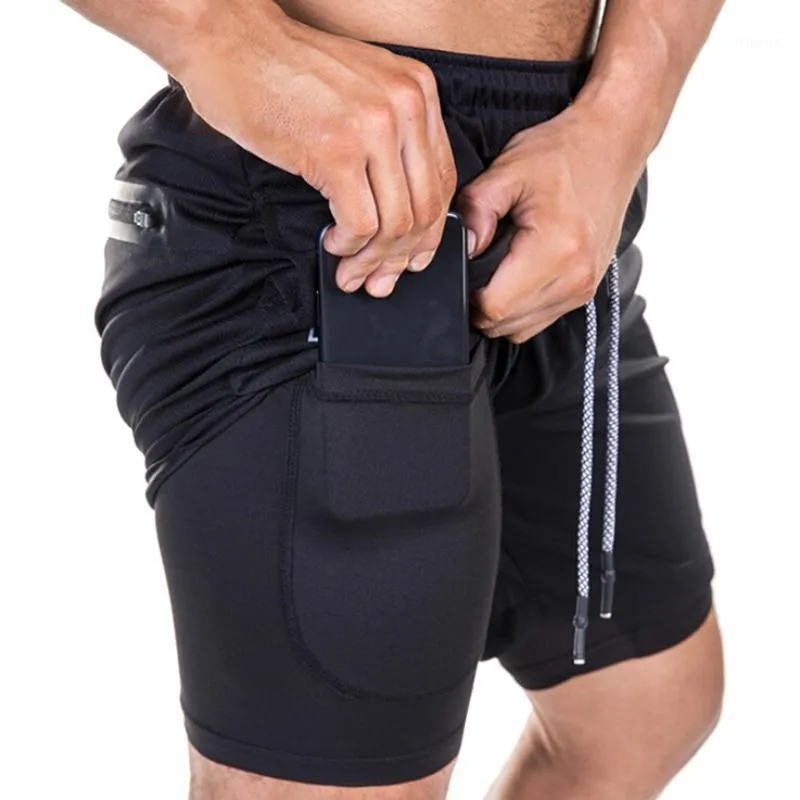 Pantalones cortos para correr Hombres Entrenamiento físico Playa de secado rápido Gimnasios de verano Deportes Entrenamiento Doble capa Bolsillo para teléfono 20211