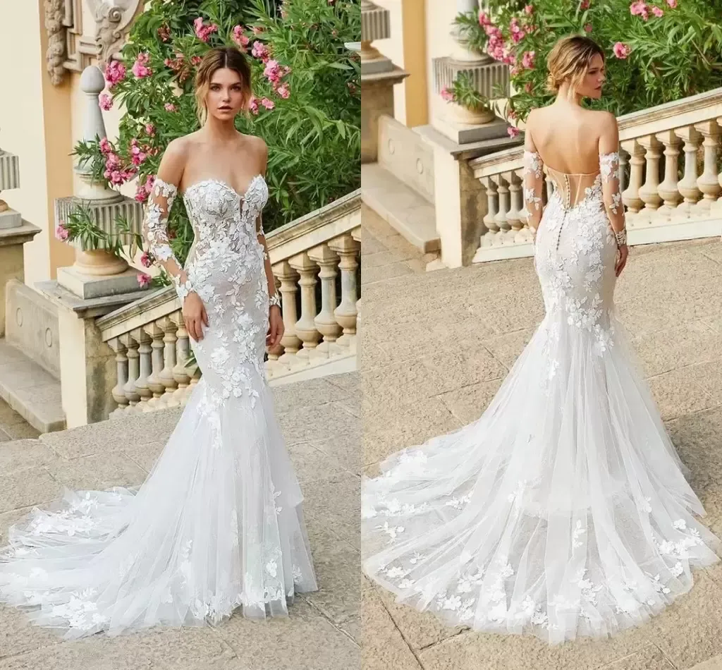 Schatz-Meerjungfrau-Hochzeitskleider, exquisite Spitze, appliziert, Sweep-Zug, böhmisches Brautkleid, sexy, rückenfrei, lange Ärmel, Gartenbräute, Vestidos De Novia CG001