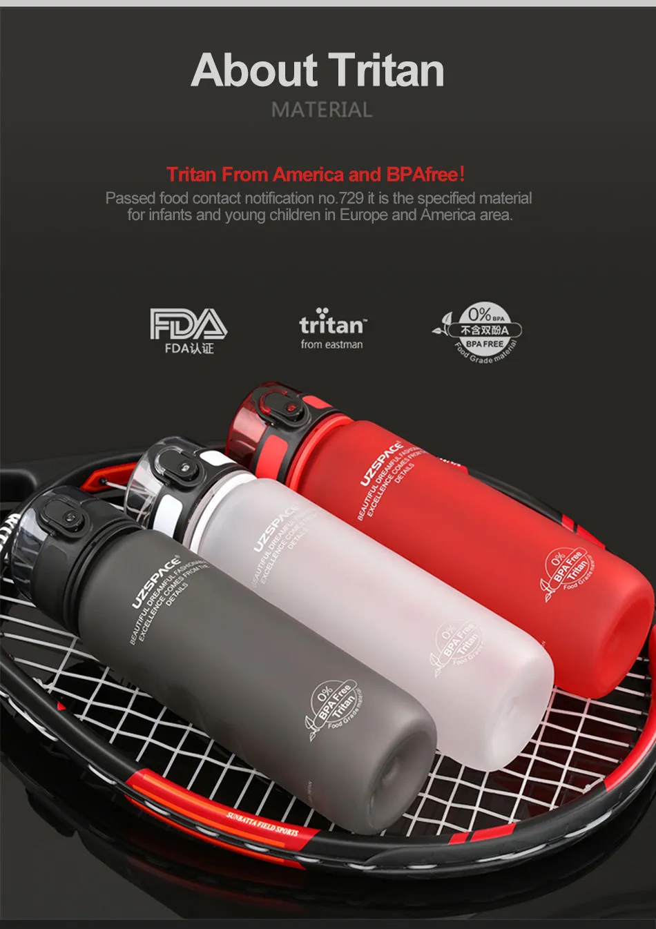 UZSPACE 0%BPA Plastic Sports Water Bottles Portable Travel Outdoor Cycling Drink Fruit protein Shaker My tea bottle 500ml 950ml_07