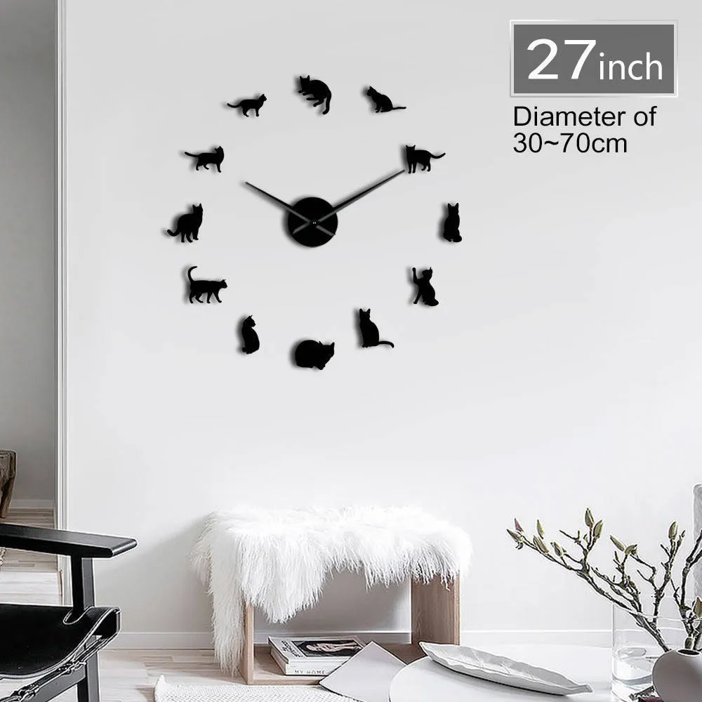 Frameless Cats Silhouette Wall Art Clock Watch Kittens 3D DIY Cat Wall