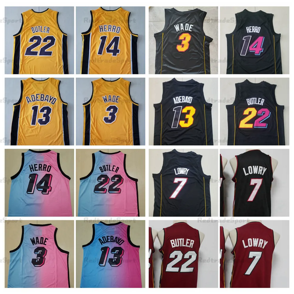 メンズ2022都市22ジミー執事3 Dwyane Wadeバスケットボールジャージ14 14 Tyler Herro 13 Bam Adebayo 7 Kyle Lowry Black Red Stitched Shirts S-XXL