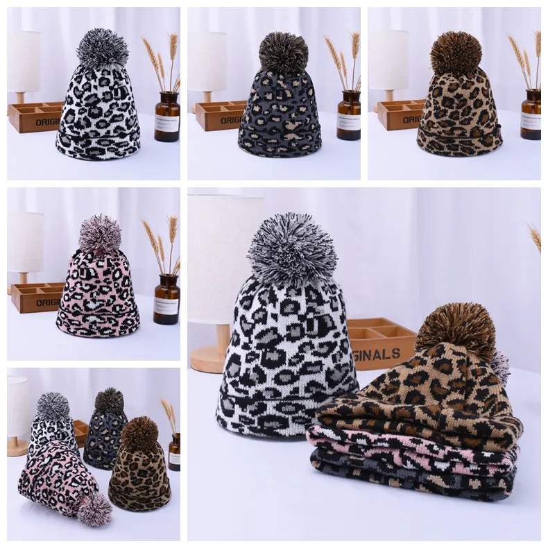 Women Winter Leopard Knitted Hats Fashion Pom Pom Beanies Warm Wool Knitted Has Bonnet Pom Beanie Caps Party Hats Supplies 4styles RRA3802