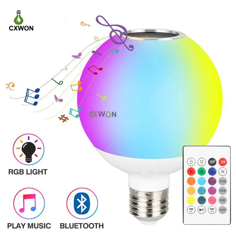 Lampadine LED RGBW intelligenti Decorazioni per la casa colorate Altoparlante Bluetooth Riproduzione di musica 12W E27 Base Lampade di atmosfera interna dimmerabili con telecomando a 24 tasti