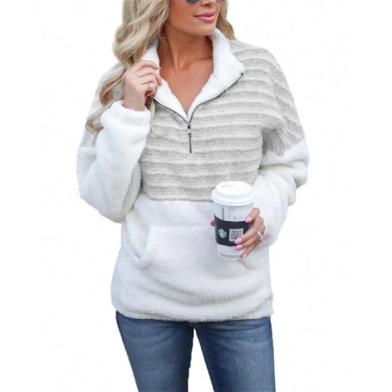 Hoodies للنساء مناشيرات هوديي سميك سبيان أزياء مخطط مخطط سترة الخريف شتاء الحجم كبير 5xl السيدات الصوف نصف سحاب