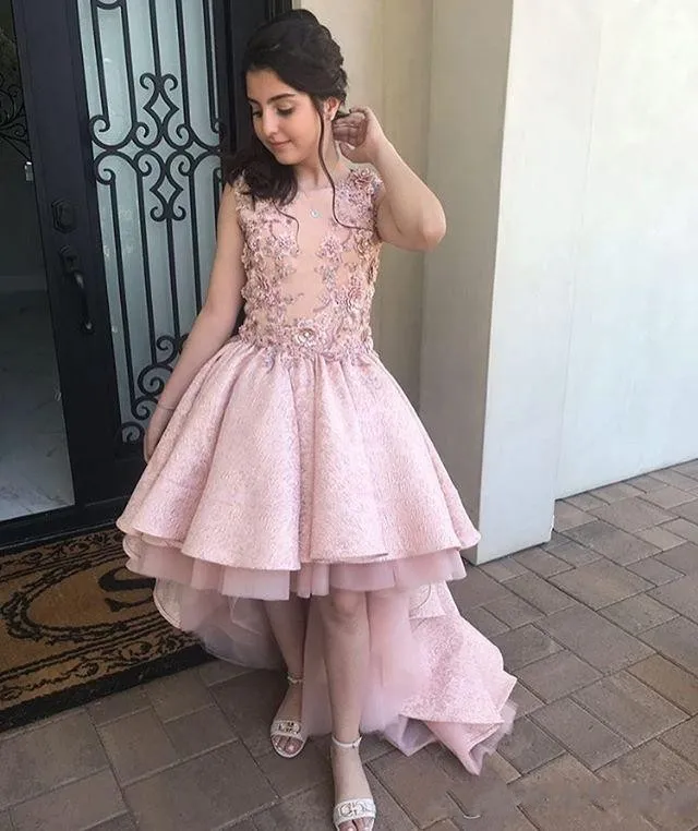Blush Lace Crystal Beaded Pageant Dress for Weddings, Proms, and Communion - High/Low Junior Girls High Low Evening Gown (Style 403)
