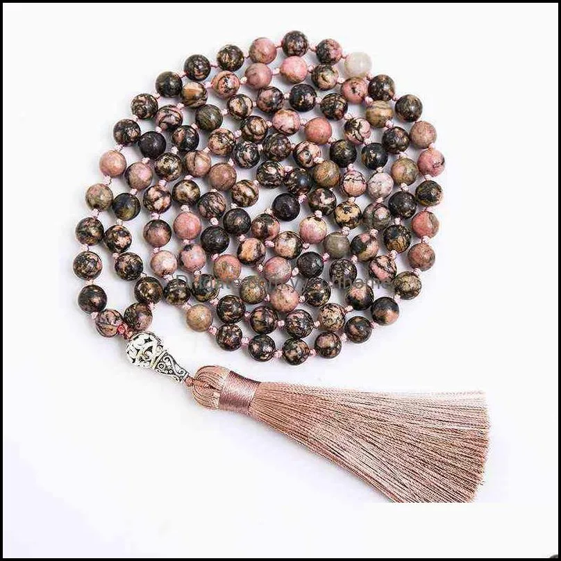 8mm Natural Black Line Rhodochrosite Beads Knotted Necklace Meditation Yoga Blessing Rosary Jewelry 108 Japamala Banquet Pendant