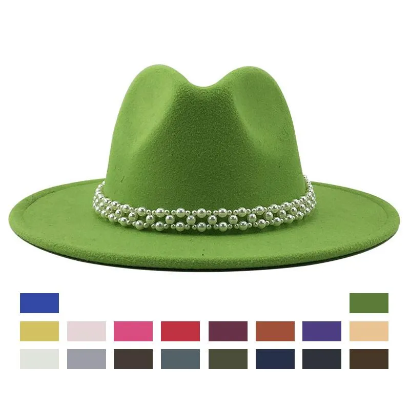 Chapeaux Fedora en feutre de laine pour femmes, à large bord, à la mode, robe de soirée, décor de ruban de perles, chapeau blanc, 2020