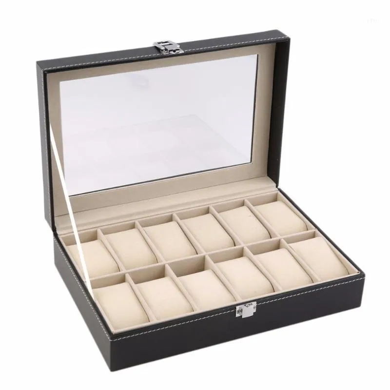 Oglądaj pudełka Przypadki Projektant Box 12 Slots Grid PU Skórzany Wyświetlacz Biżuteria Przechowywanie Organizator Case Zablokowany Retro Saat Kutusu Caixa Para Relogio