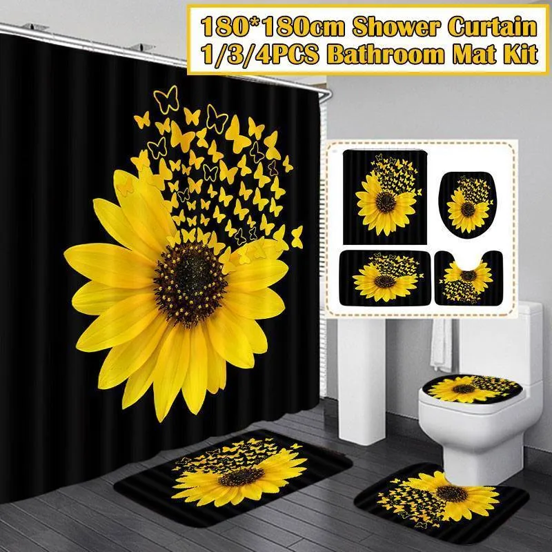 4st / set Sunflower Butterfly Print Dusch Gardin Vattentät Badrum Gardin Toalettskåp Matta Non-Slip Rug Set Bathtub Decor 201030