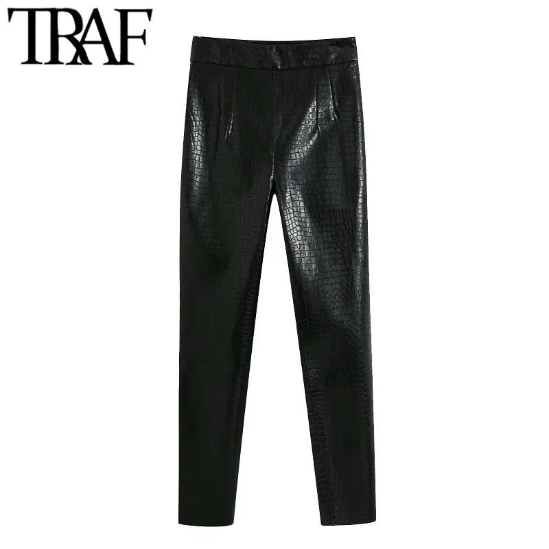 TRAF Dames chique mode faux lederen skinny fit broek vintage hoge taille side rits vrouwelijke enkel broek Mujer 201031