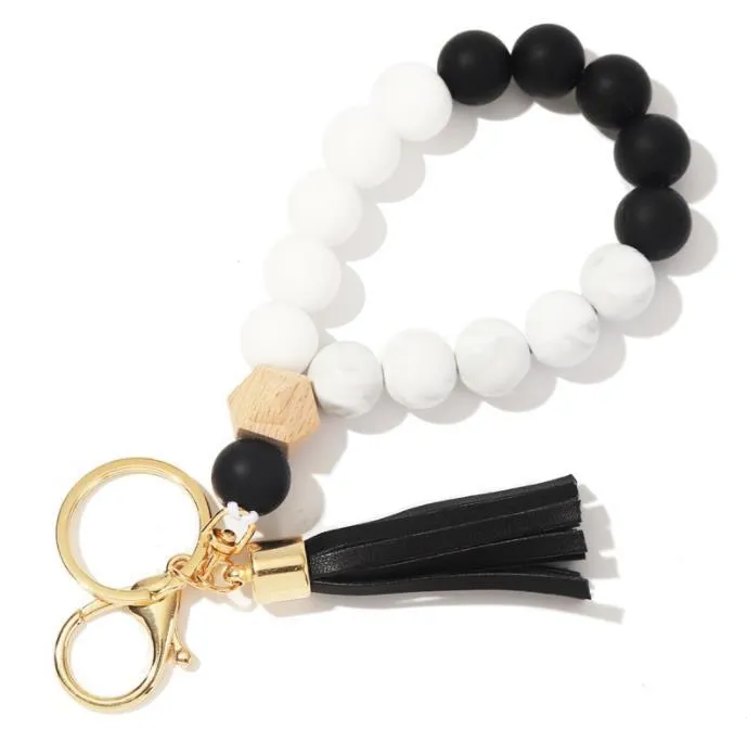 Party Favor Wooden Tassel Bead String Bracelet Keychain Food Grade Silicone Beads Bracelets Women Girl Keyring Wrist Strap SN3134