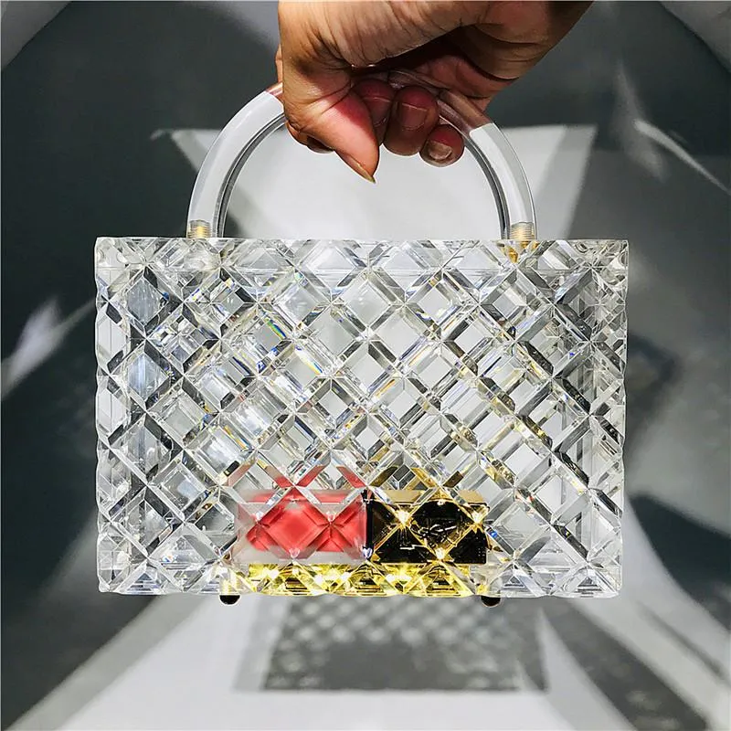 Clear Acrylic Handbag with Diamond Lattice Pattern Crystal Clear Crossbody Designer Bucket Purse for Women