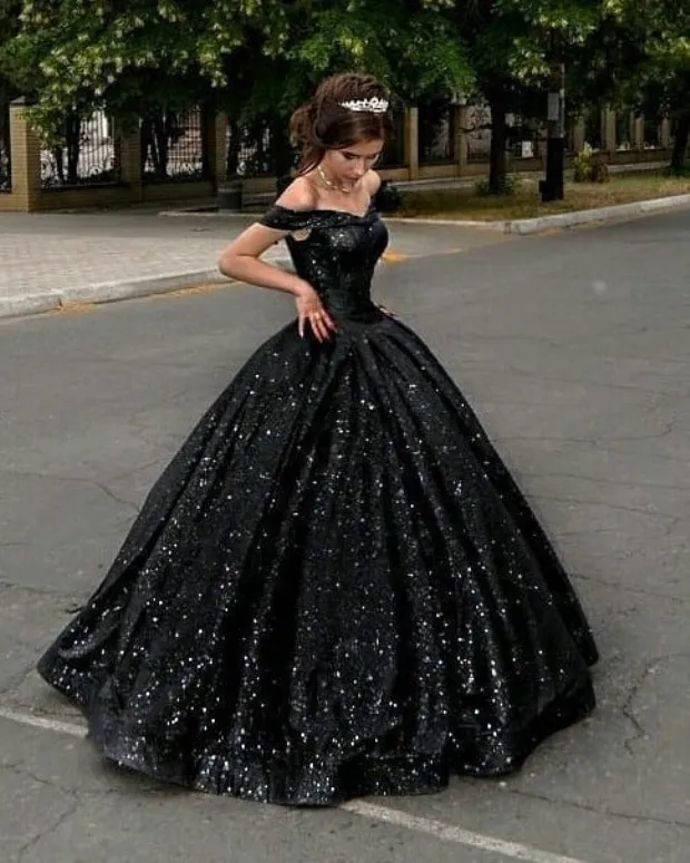 Black sparkle wedding dress sale