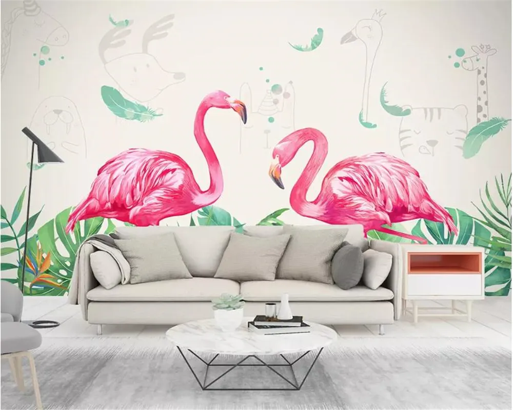 Beibehang papier peint sur mesure pour salle flamingo feuille peint à la main peinture murale enfants jardin d'enfants mur de fond 3d