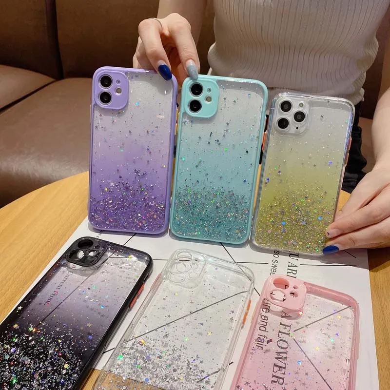 Luxury Bling Foil Glitter Hard PC TPU Cases For iphone 15 14 13 12 11 Pro Max XR XS 8 7 6Plus Star Gradient Transparent Confetti Sequin Flake Clear Phone Back Cover