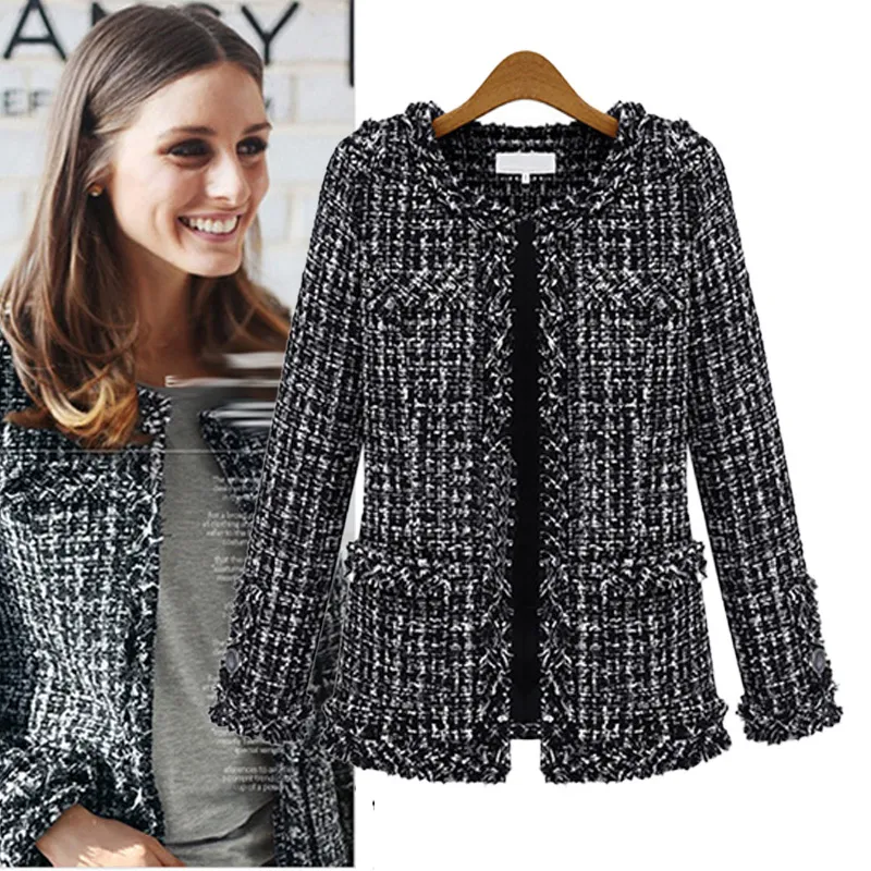 Fashion- Women Plaid Jacket Outerwear Women Fashion Coat Autumn Winter Thin Black Checkered Tweed Casual
