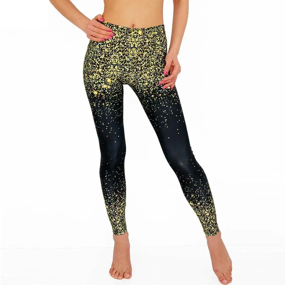 Nuovo arrivo fitness glitter nero giallo cielo stellato giallo sfumato stampato leggings donna pantaloni leggings da donna 201202