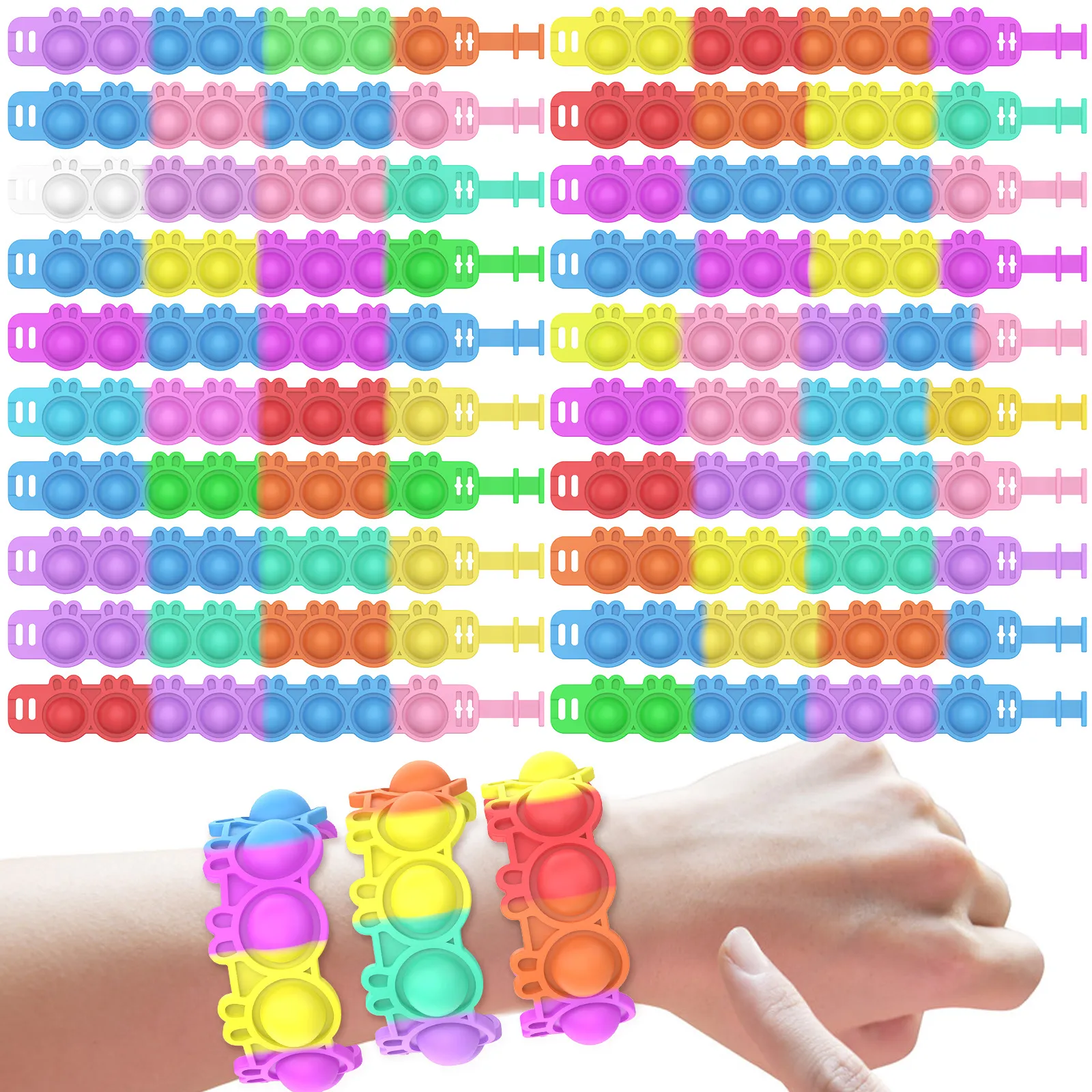 Pasqua Bambini Arcobaleno Tie-dye Push Poppers Bolle Braccialetto Giocattoli Decompressione Press Bubble Silicone Ansia Sollievo dallo stress Pioneer Rabbit Wristband Games T38HDOV