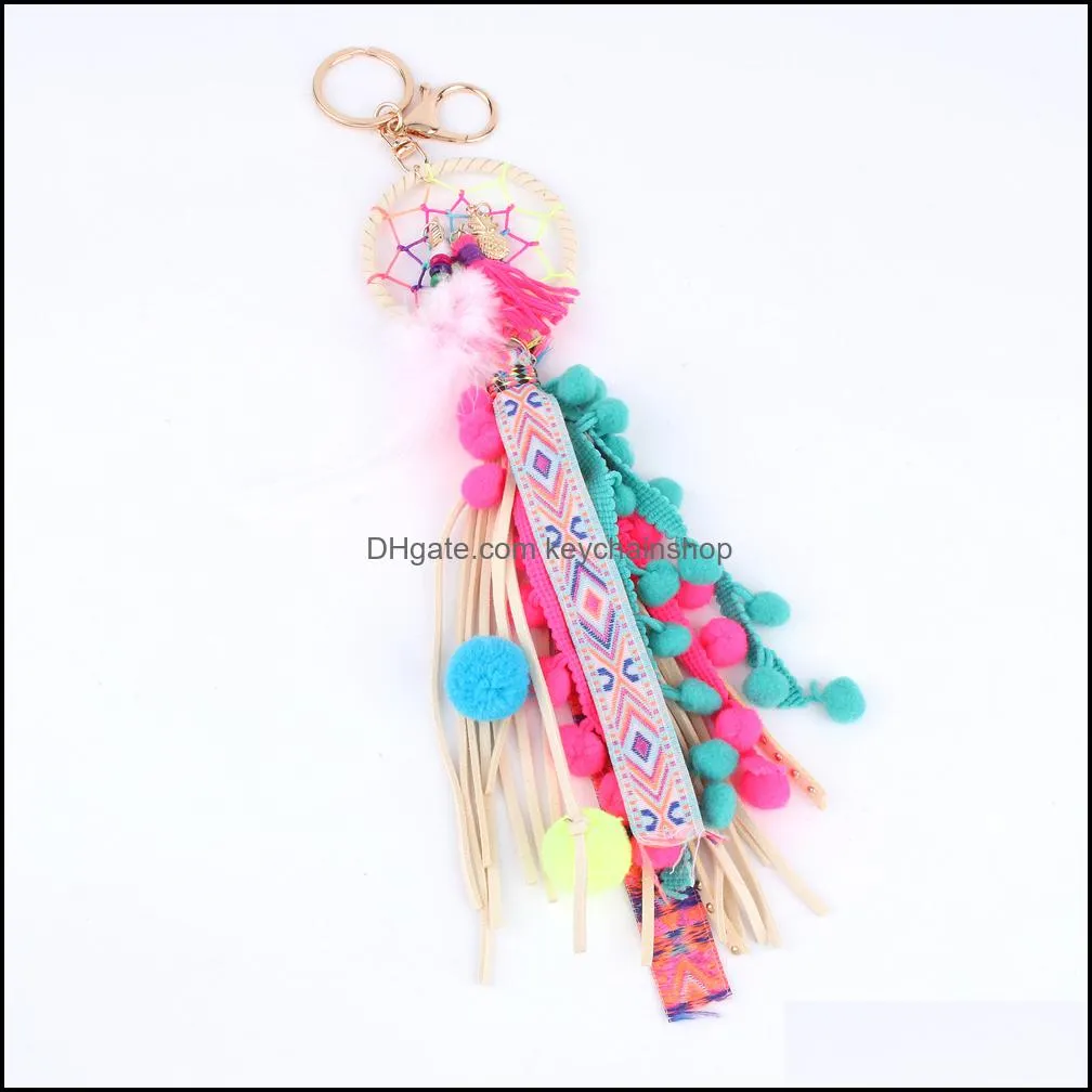 Boho Leather Fringed Dreamcatcher Pompons Keychain Handbag Accessorise Bag Or Car Charm key Ring Jewelry Gift