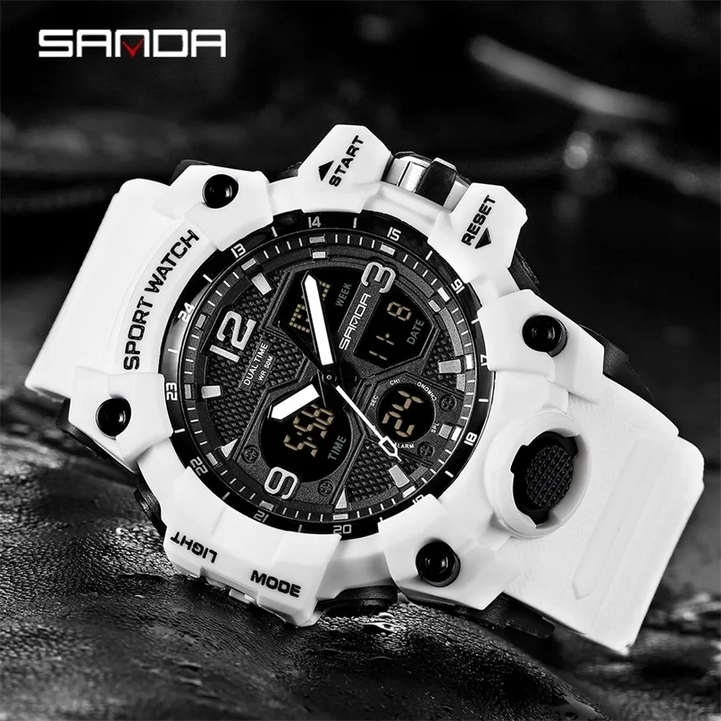 Sanda Men Military Watches G 스타일 화이트 스포츠 LED 디지털 50m 방수 S 충격 남성 시계 reelogio masculino 220225