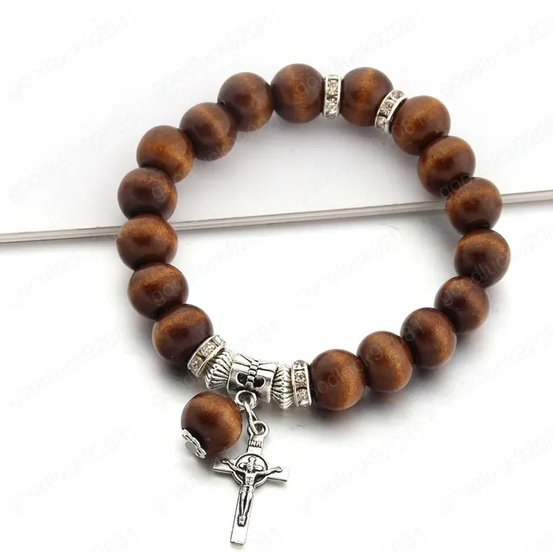 Madeira contas de metal cruz pingente pulseiras para mulheres dos homens Sorte Jóias Jesus Charme Yoga Pulseira Man presente