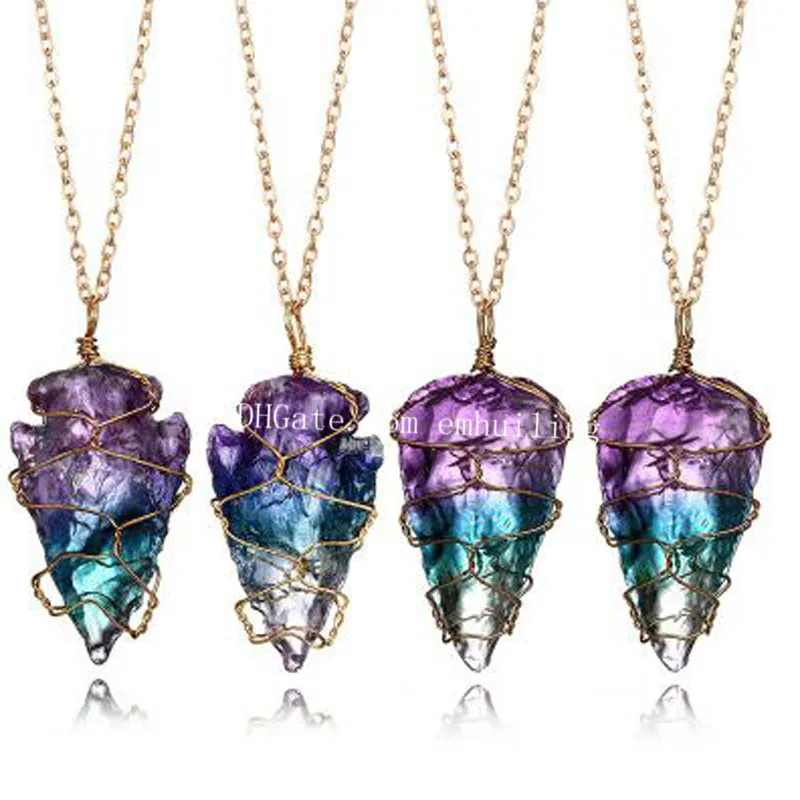 50Pcs fil enroulé titane arc-en-Violet Aura naturel brut Quartz Crystal Rock Gemstone irrégulière Arrowhead Amulette Pendentif Collier cadeau