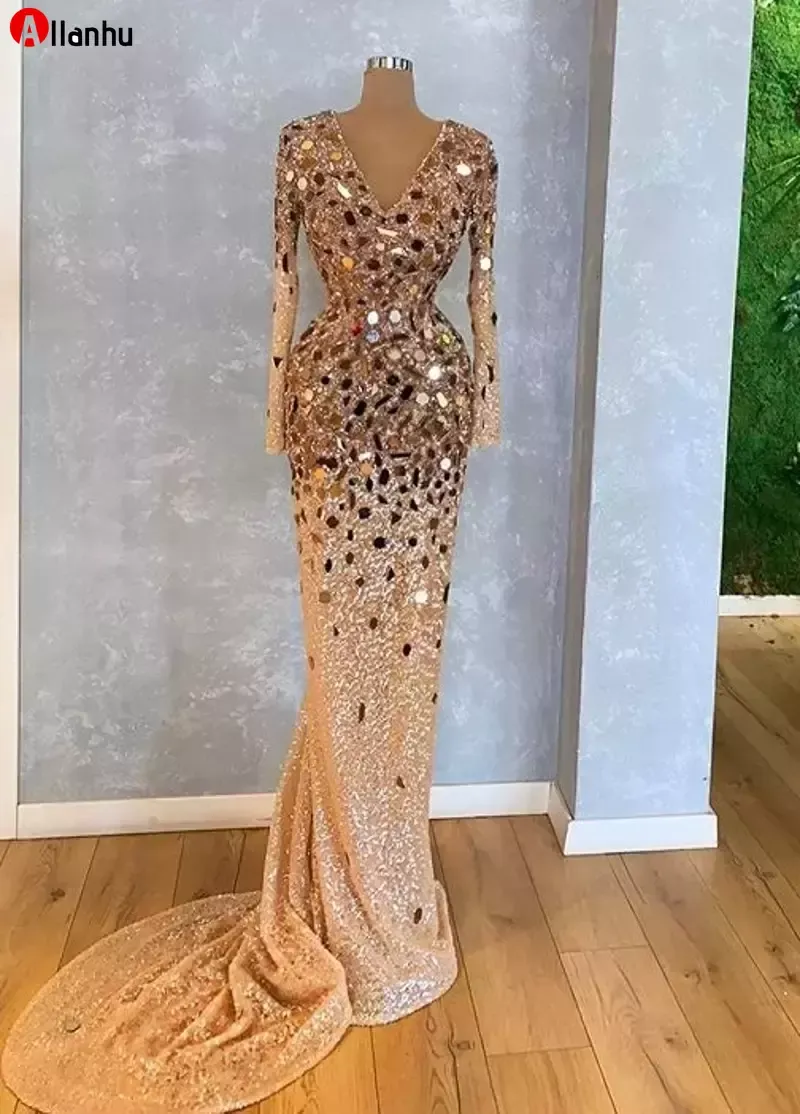 NEU! Glitzernde Kristallperlen mit langen Ärmeln, Meerjungfrau-Abendkleider, luxuriöses goldenes Ballkleid, formelles Party-Festzug-Kleid