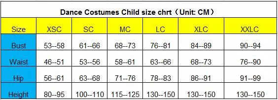 Child Dance Costumes Size Chart