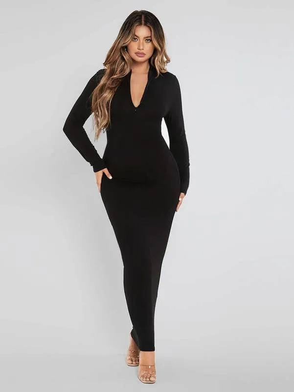 SXY Solid Quarter Zip Bodycon Dress SHE