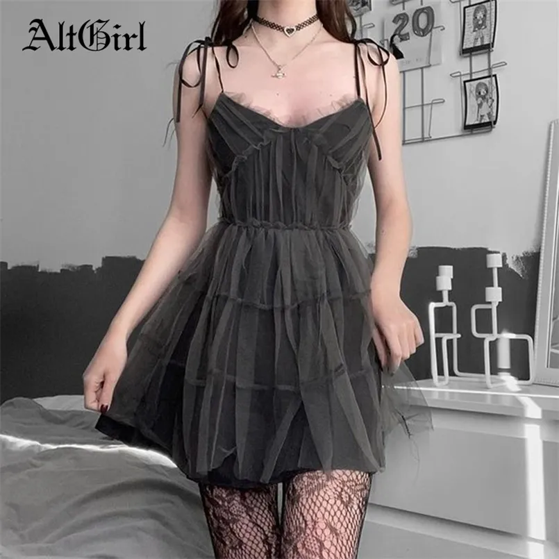 AltGirl Dark Gothic Elegant Dres Emo Alt Vintage Mesh Patchwork Lace Up High Waist Dress Y2k Harajuku Mall Goth Partywear 220311