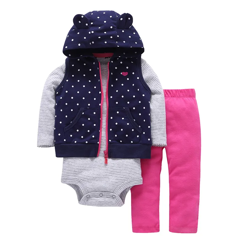  spring baby girl cute dot hooded vest+Long sleeve stripe romper+ pink pants 3 piece clothing set newborn baby boy outfits