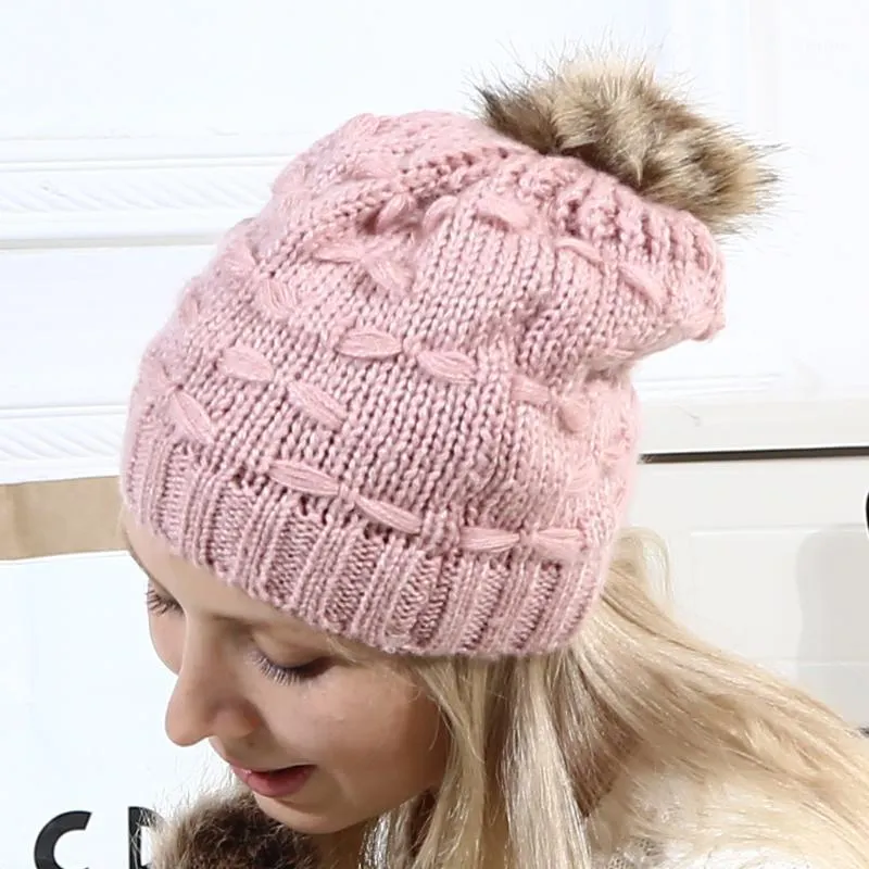 Beanie/Kafatası Kapakları Ebeveyn-Çocuk Kış Şapkaları Venonat ile Örgü Bebek Sıcak Yün Beanie Kürk Pom Bobble Hat Tığ kapı 1