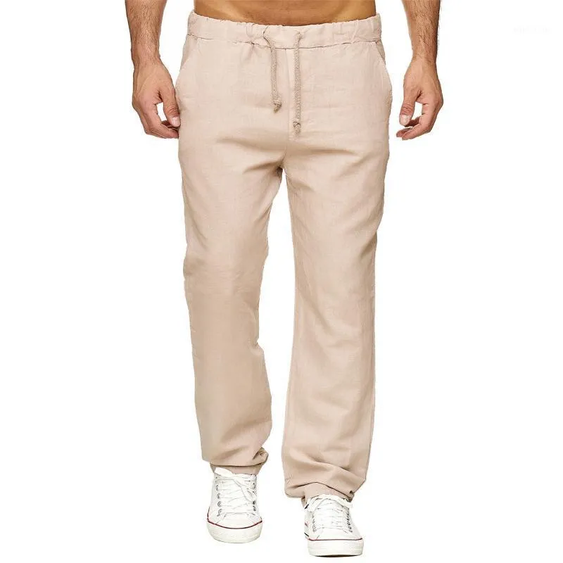Мужские брюки мужчины сплошные цвета льняные брюки эластичные шнуры прямые повседневные длинные пады осень летом дышащий мужчина 20211