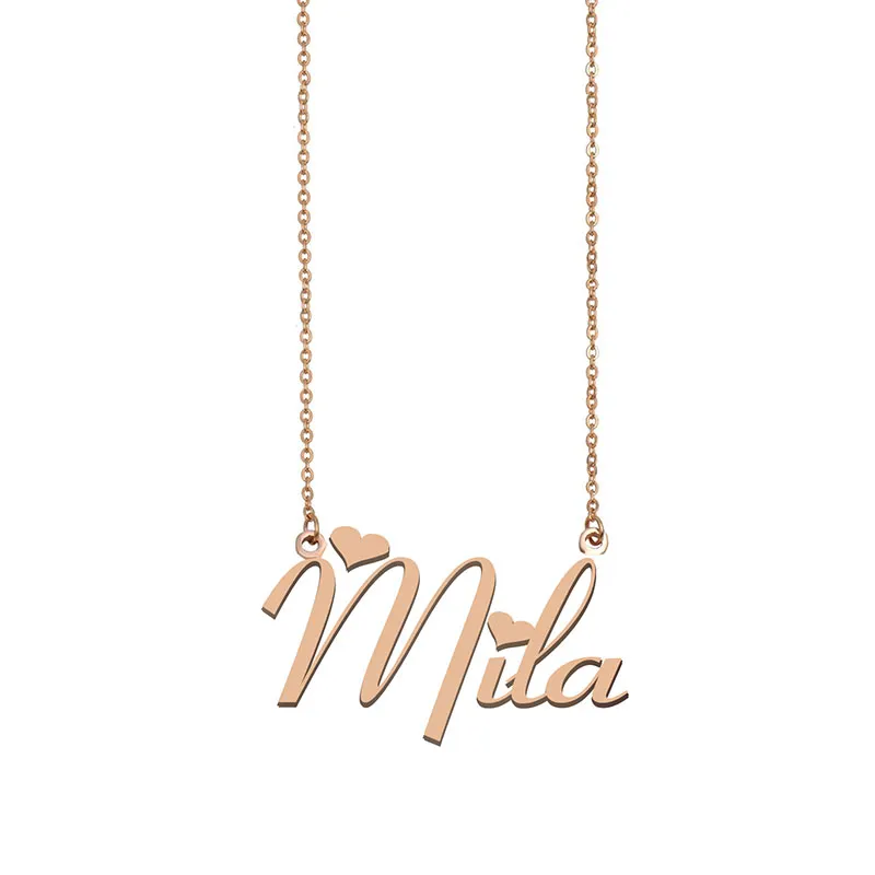 Collier avec nom Mila, pendentif personnalisé avec plaque nominative pour femmes, filles, cadeau d'anniversaire pour enfants, meilleurs amis, bijoux en acier inoxydable plaqué or 18 carats