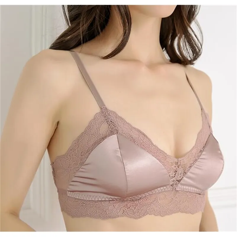 1PC 100% fodera in seta Triangolo sexy Tipo sottile Pizzo Reggiseno senza fili Bralette Cuscinetti rimovibili SG404 201202