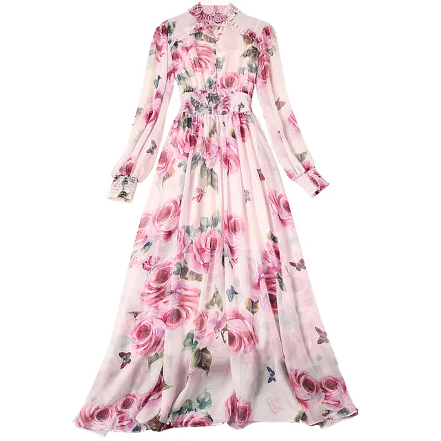 Mujeres Pista Rose vestido floral maxi de lujo rosado de la flor Imprimir la linterna de la manga del collar del soporte rebordear gasa largo vestido de fiesta de