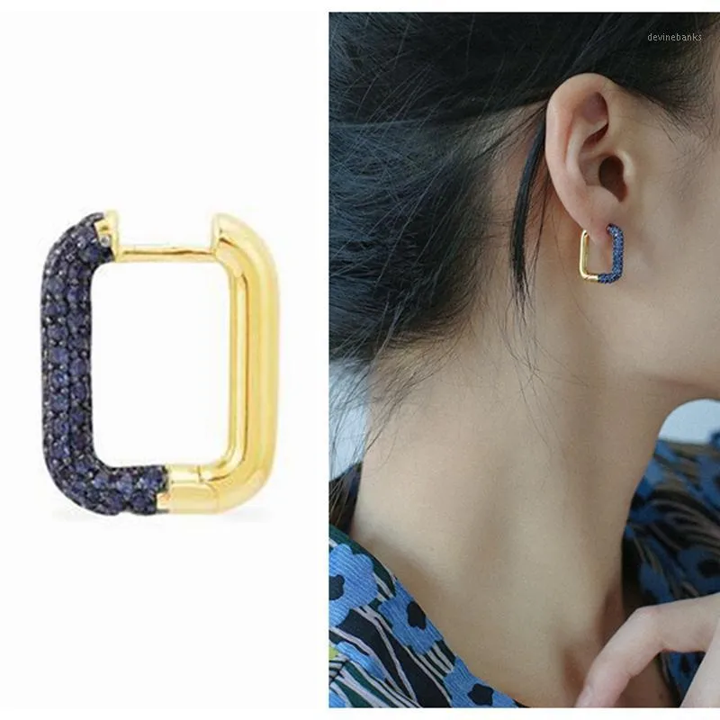 Orecchini a cerchio Huggie One Deep Blue Square con pavé di zirconi arancioni Pietre geometriche in oro giallo Gioielli per feste di nozze da donna1