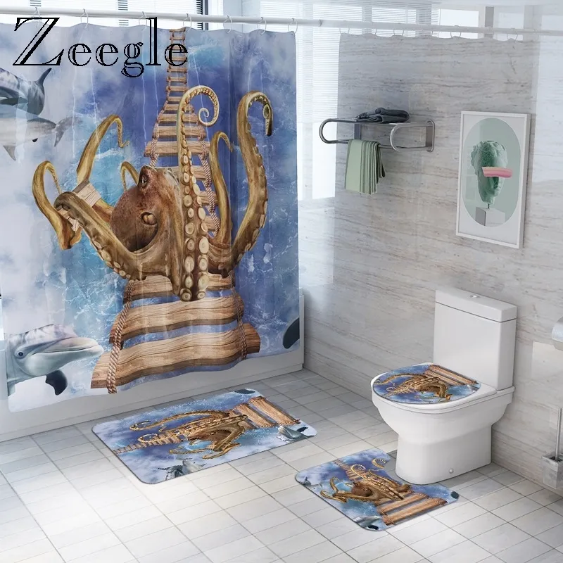 Zeegle 3D Octopus Pattern Shower Curtain with Bathroom Mat Set Lid Toilet Cover Anti-slip Toilet Foot Rug Floor Mat Bath Doormat