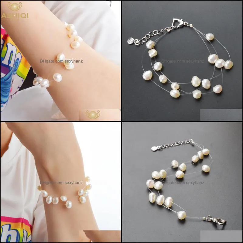 Real Natural Freshwater Pearl Bracelets with 3 row Transparent Fishing Line Invisible Chain Bracelet women gift