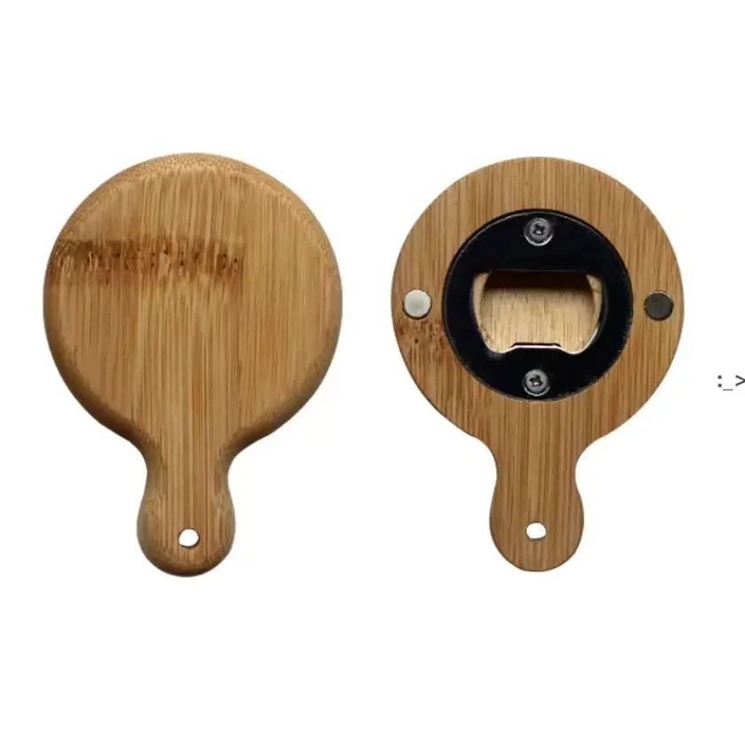 Creative Bamboo Wooden Bottle Opener With Handle Coaster Fridge Magnet Decoration Beer Bottle Opener