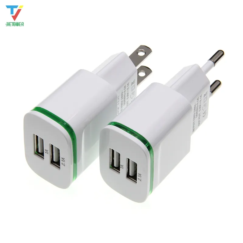 100pcs/lot LED Light 2 Ports USB Charger Cable EU US Plug 5V 2A Mobile Phone Wall Adapter For iPhone 6 7 iPad Samsung Charging Device