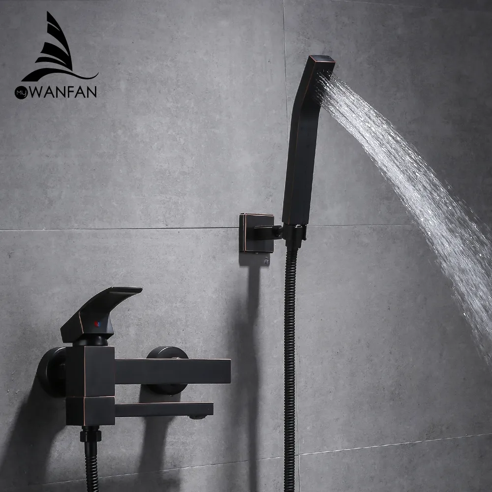 Douche Kraan Zwart Messing Wall Mount Badkraan Douche Square Style Handheld Single Handvat Luxe Badkamer Mixer Tik 877841R T200710