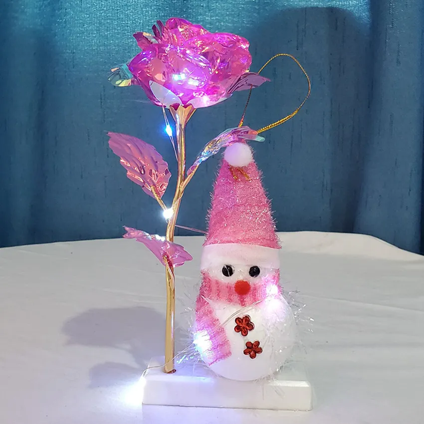 LED Gold Foil Plated Rose With Bear Snowman Lichtgevende Rose Flower Shock Light Golden Rose Wedding Valentine's Day Christmas Gift GGA3770-4